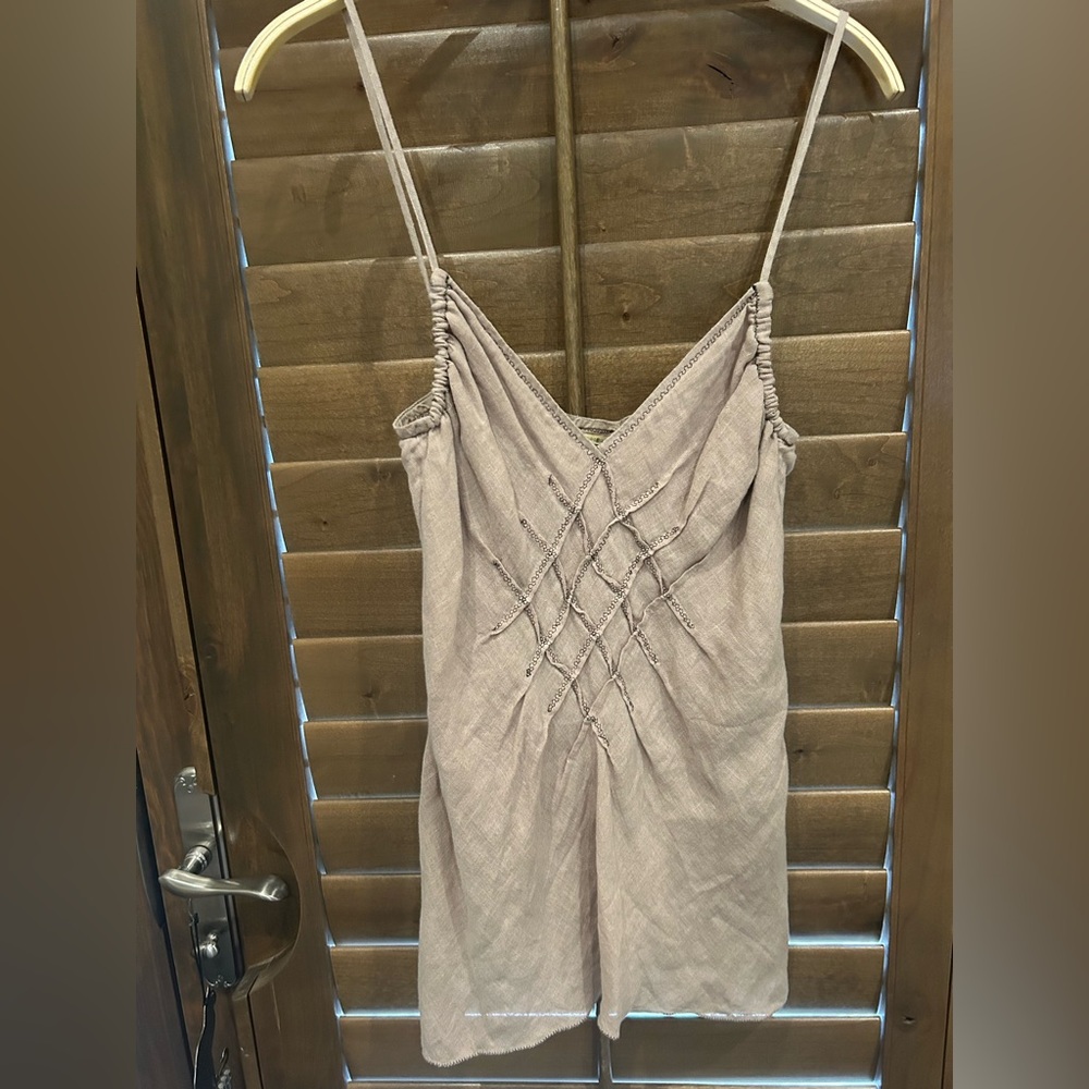 Max Studio Taupe Linen Top, Lining 100% Silk,  Spaghetti Straps - Size Medium